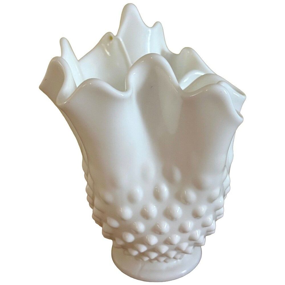 Vintage Fenton Milk Glass Hobnail Ruffled Handkerchief Vase 6.5"